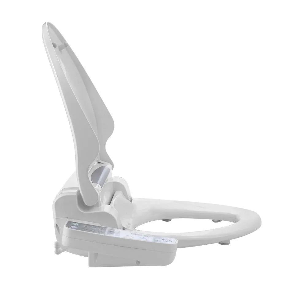 Electronic bidet seat installed on a modern toilet in a bathroom setting.