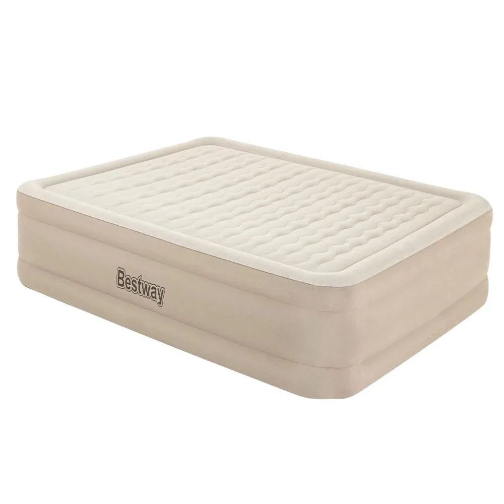 Inflated queen size Bestway air bed with a comfortable flocked sleeping surface in a bright room.