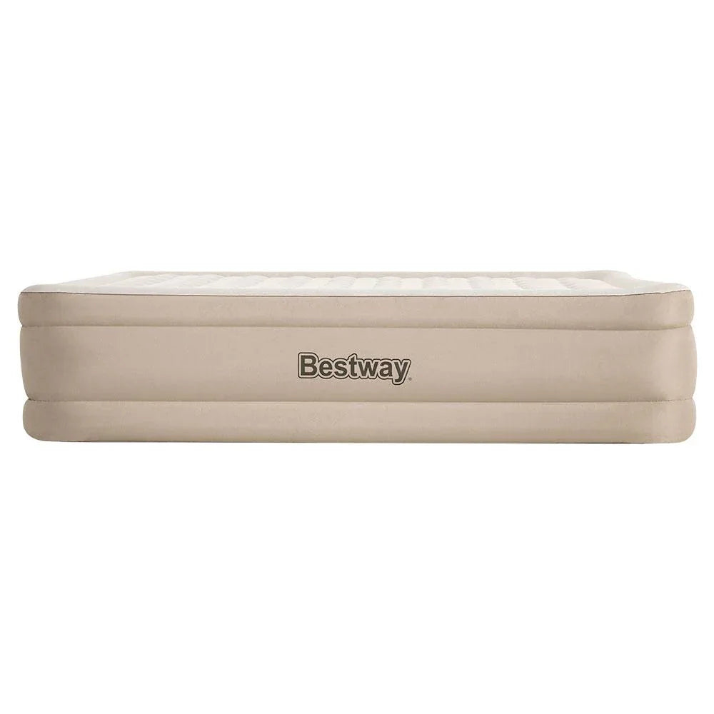 Bestway air bed partially deflated, placed inside a tent with outdoor scenery visible.
