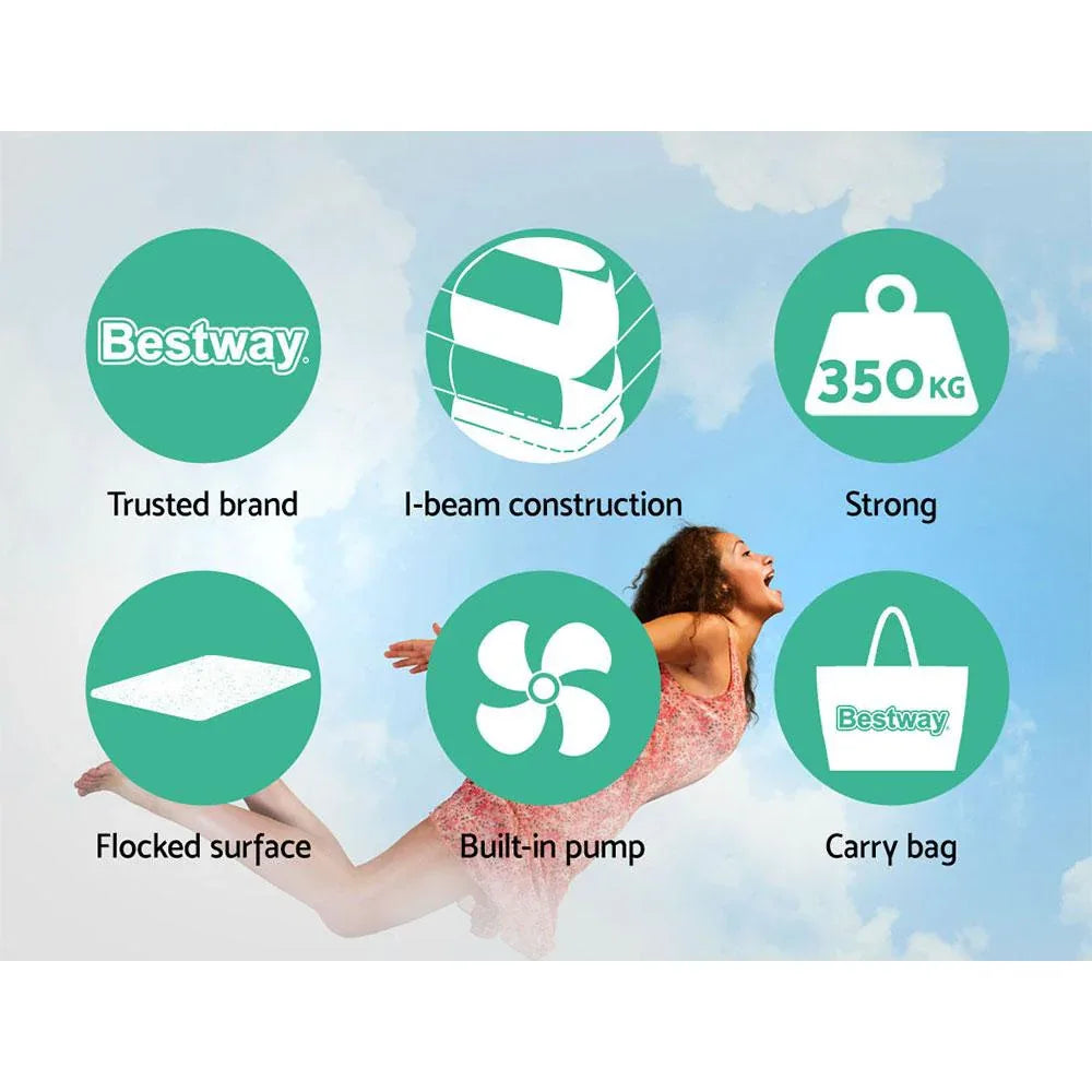 Carrying bag and folded Bestway air mattress ready for storage or transport.