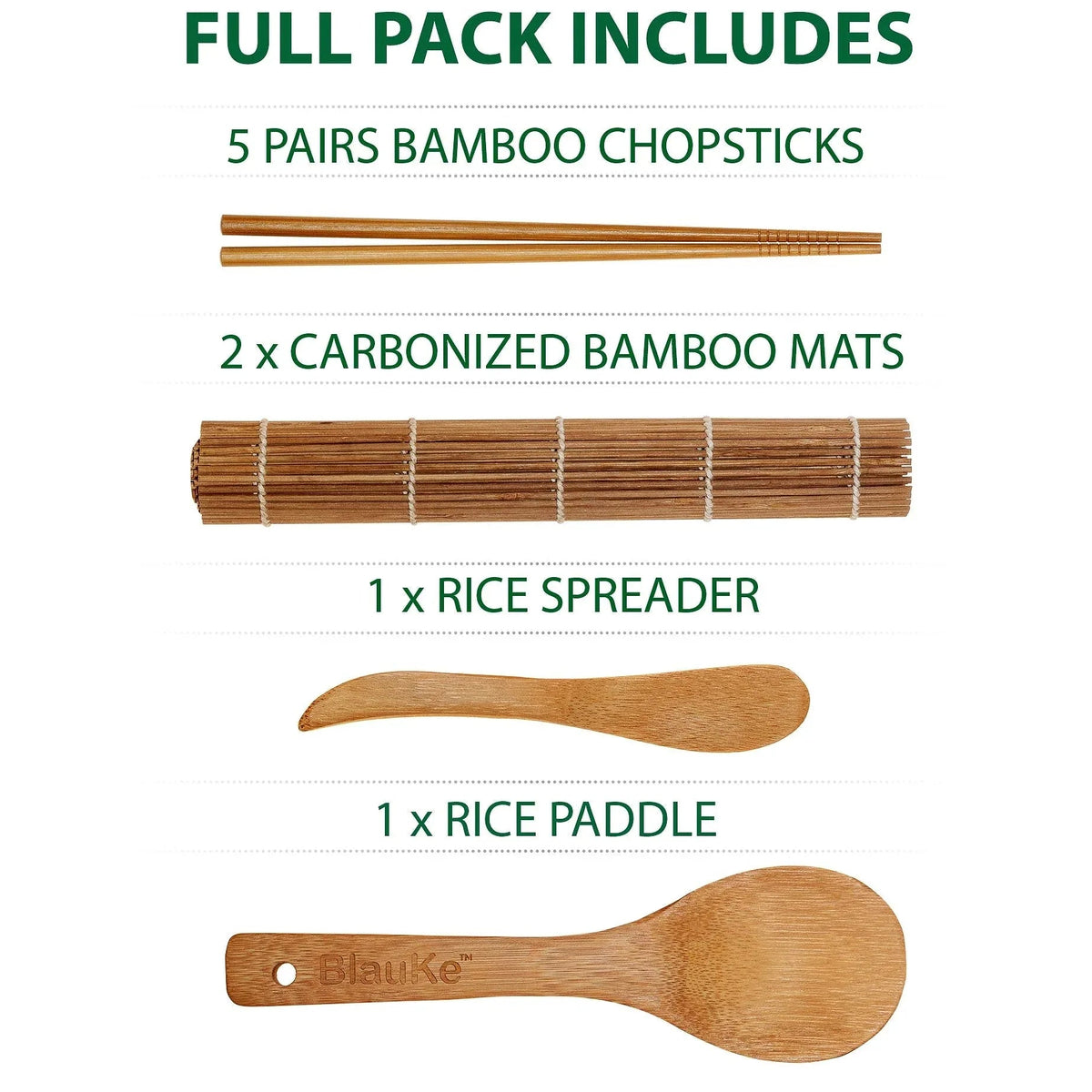 Sushi making set with bamboo mats, rice paddle, spreader, and chopsticks arranged on a kitchen counter.