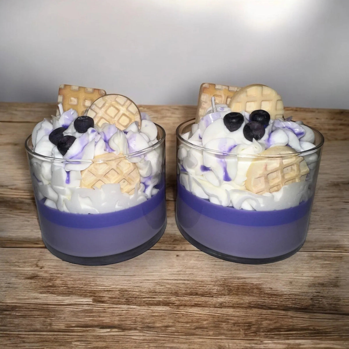 Top view of Blueberry Waffle candles showing detailed blueberry and waffle design.