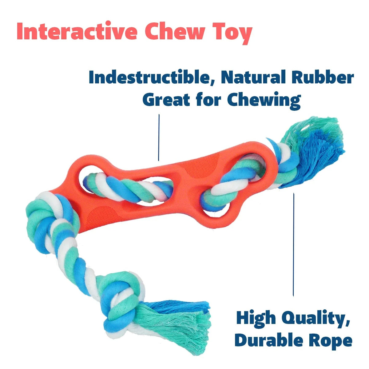 Blue rubber bone dog chew toy with attached rope, highlighting interactive play benefits.
