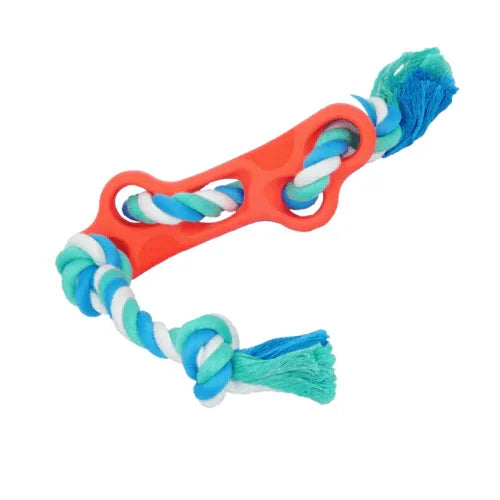 Rubber bone dog chew toy with blue rope, designed for small to large active dogs.