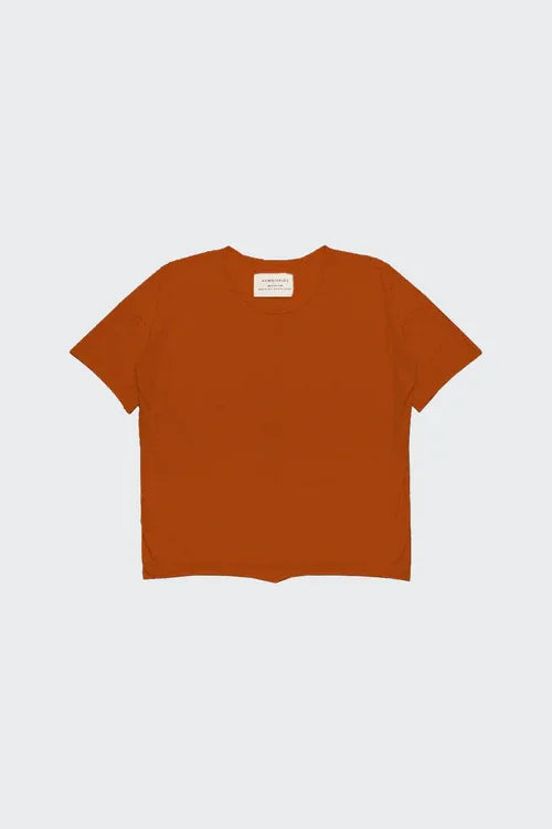 Front view of burnt orange gender neutral short sleeve top for children