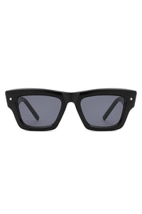 Close-up of retro cat eye square sunglasses with dark lenses on white background.
