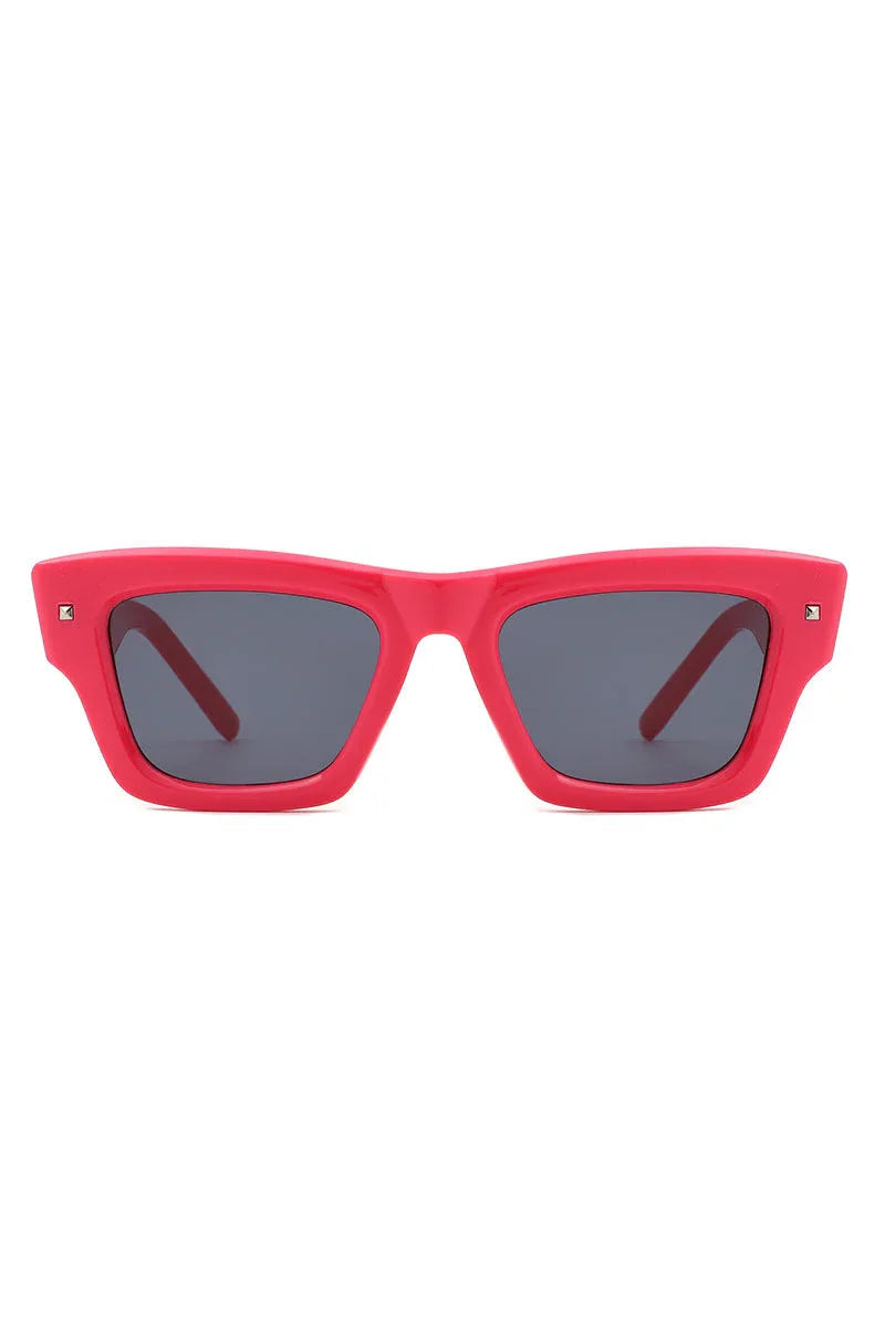 Side angle of black plastic square sunglasses highlighting frame and temples.