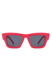 Side angle of black plastic square sunglasses highlighting frame and temples.