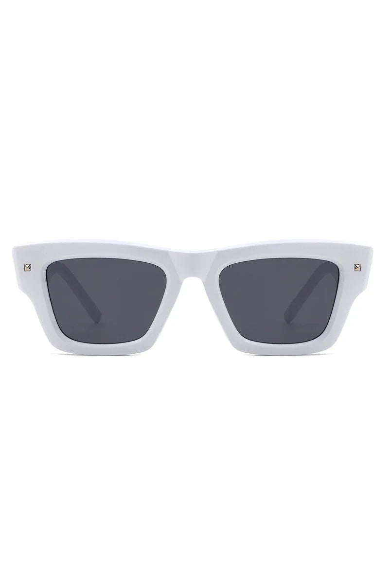 Black square sunglasses angled to show frame curves and lens color.