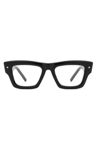 Black retro square cat eye sunglasses viewed from above on white surface.