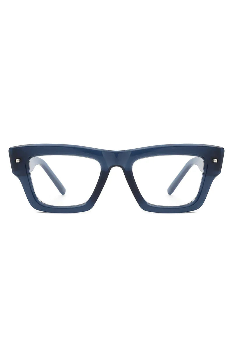 Classic black square sunglasses with cat eye shape displayed on white.