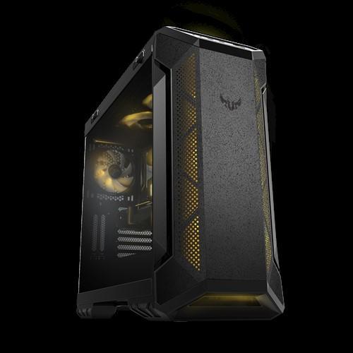 Grey ASUS TUF Gaming GT501 mid-tower case with metal front and tempered glass side panel on white background