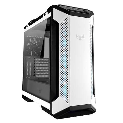 White ASUS TUF Gaming GT501 mid-tower PC case with metal front panel and tempered glass side panel