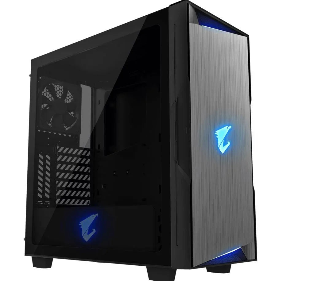 GIGABYTE AORUS AC300G black tempered glass mid-tower gaming PC case with RGB lighting and visible side panel