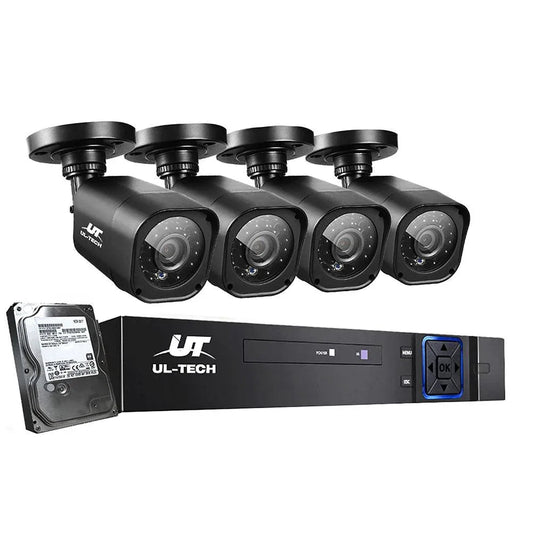 UL-tech 1080P CCTV camera system box with security camera and accessories laid out