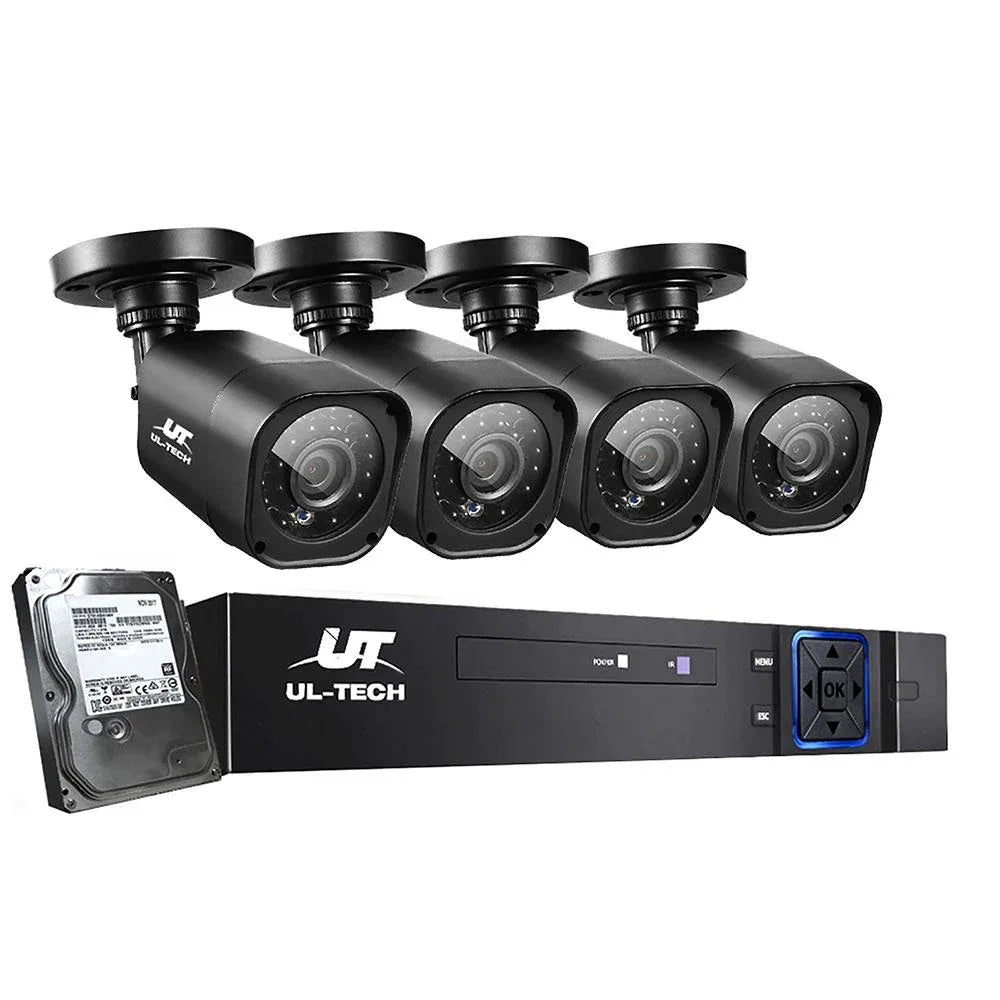 UL-tech 1080P CCTV camera system box with security camera and accessories laid out
