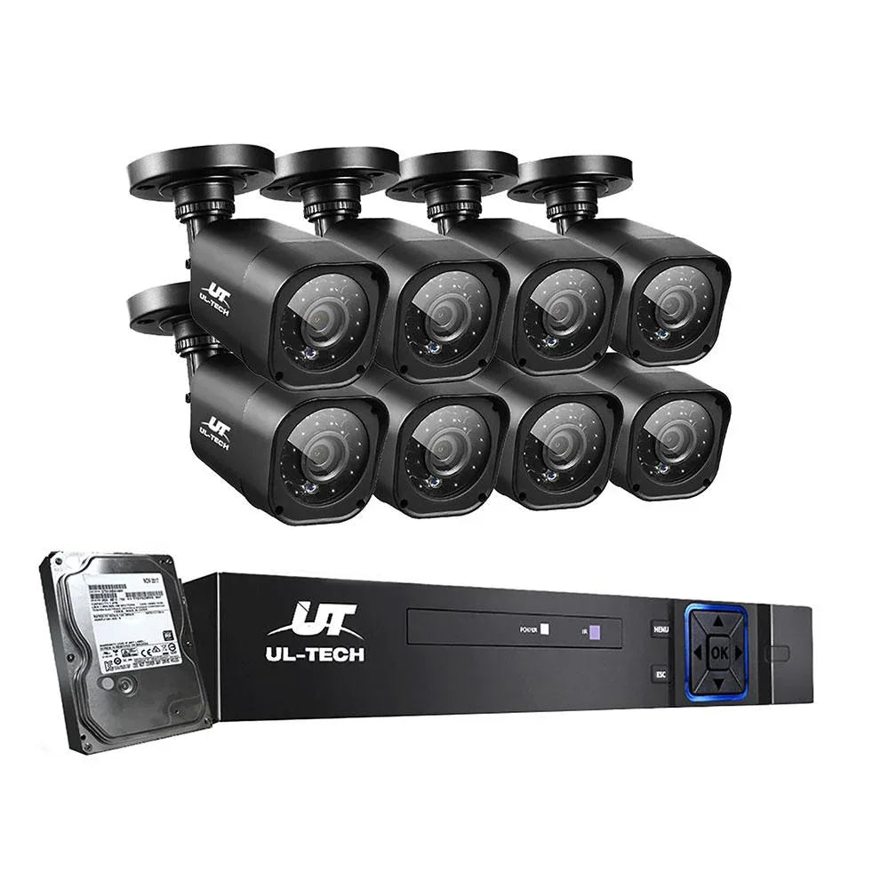 Front view of UL-tech 8-channel CCTV DVR system with cameras