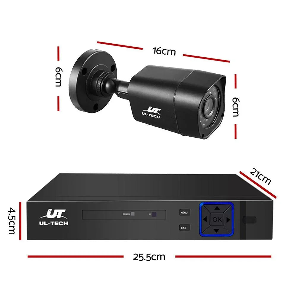 Close-up of four 1080p HD security cameras mounted on black stands