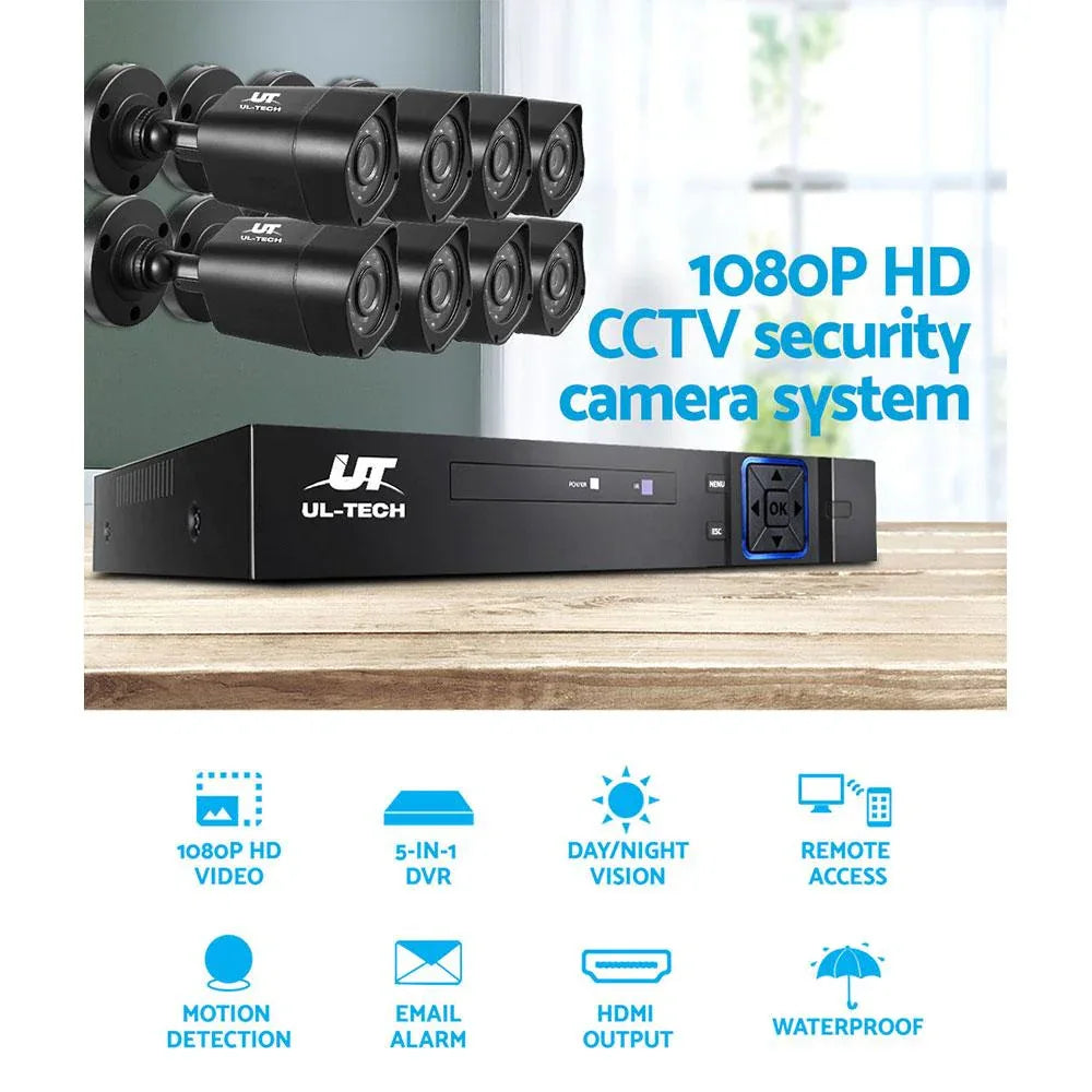 Side view of a weatherproof black CCTV security camera with infrared night vision