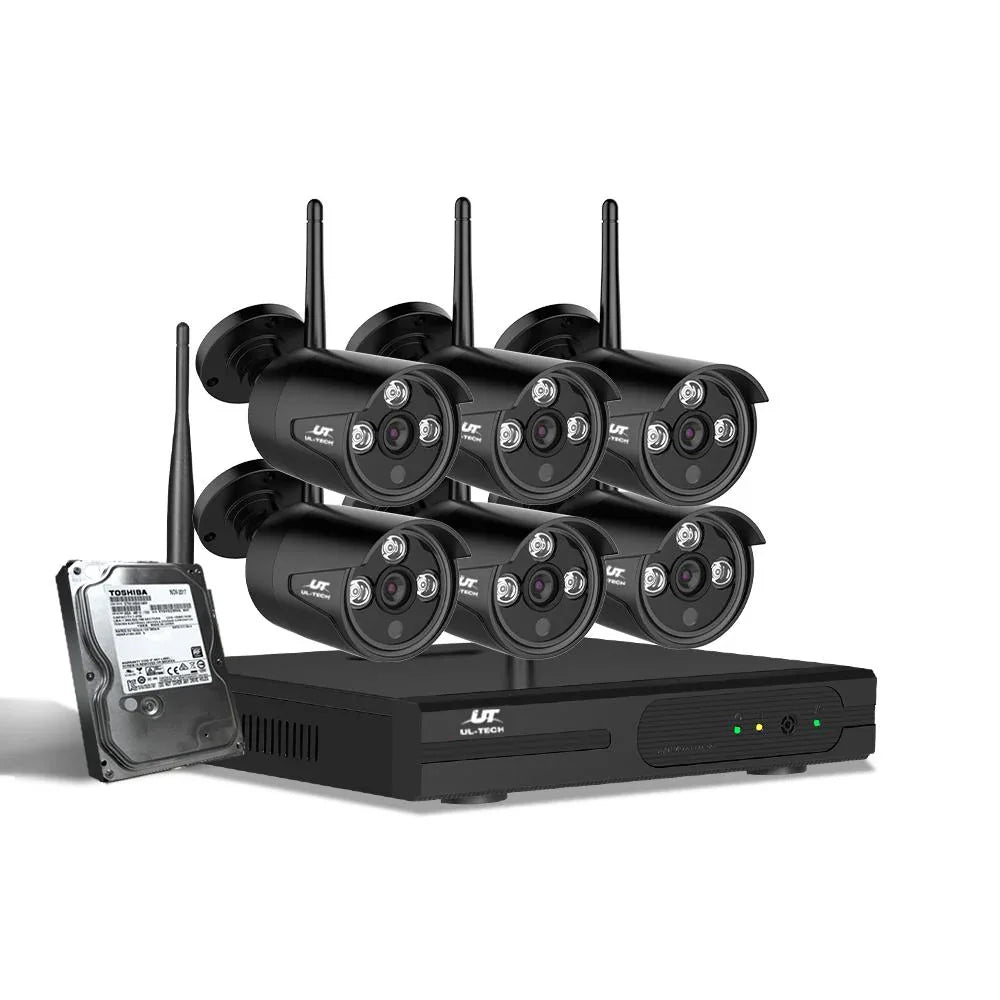 UL-tech 8-channel wireless CCTV security camera mounted outdoors with visible antennas and wiring.