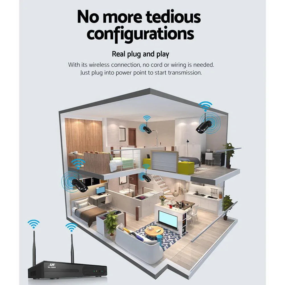 Hand holding remote control for the UL-tech wireless CCTV security system.