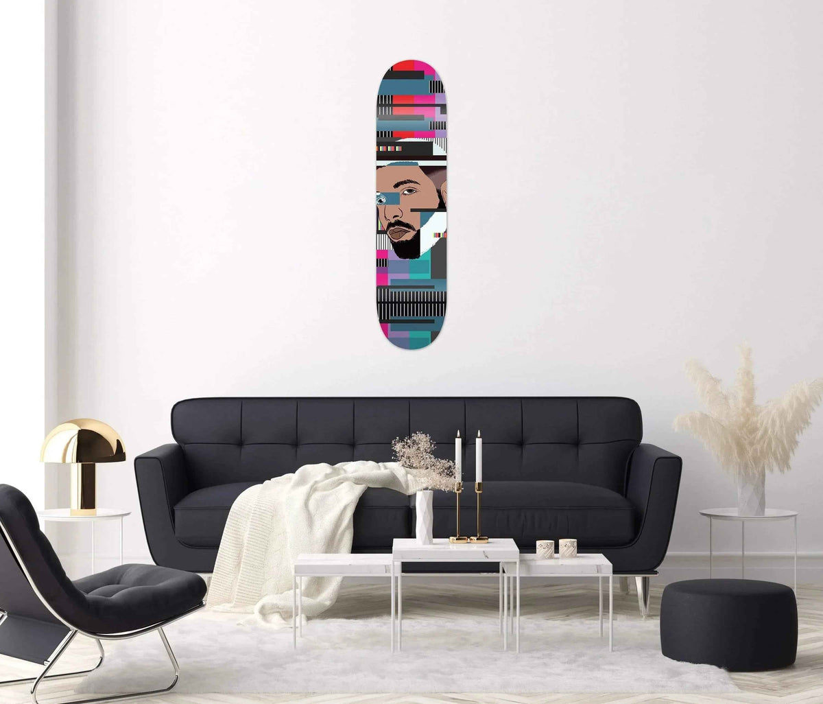 Close-up of Drake Skateboard hanging on living room wall above a console table with plants.