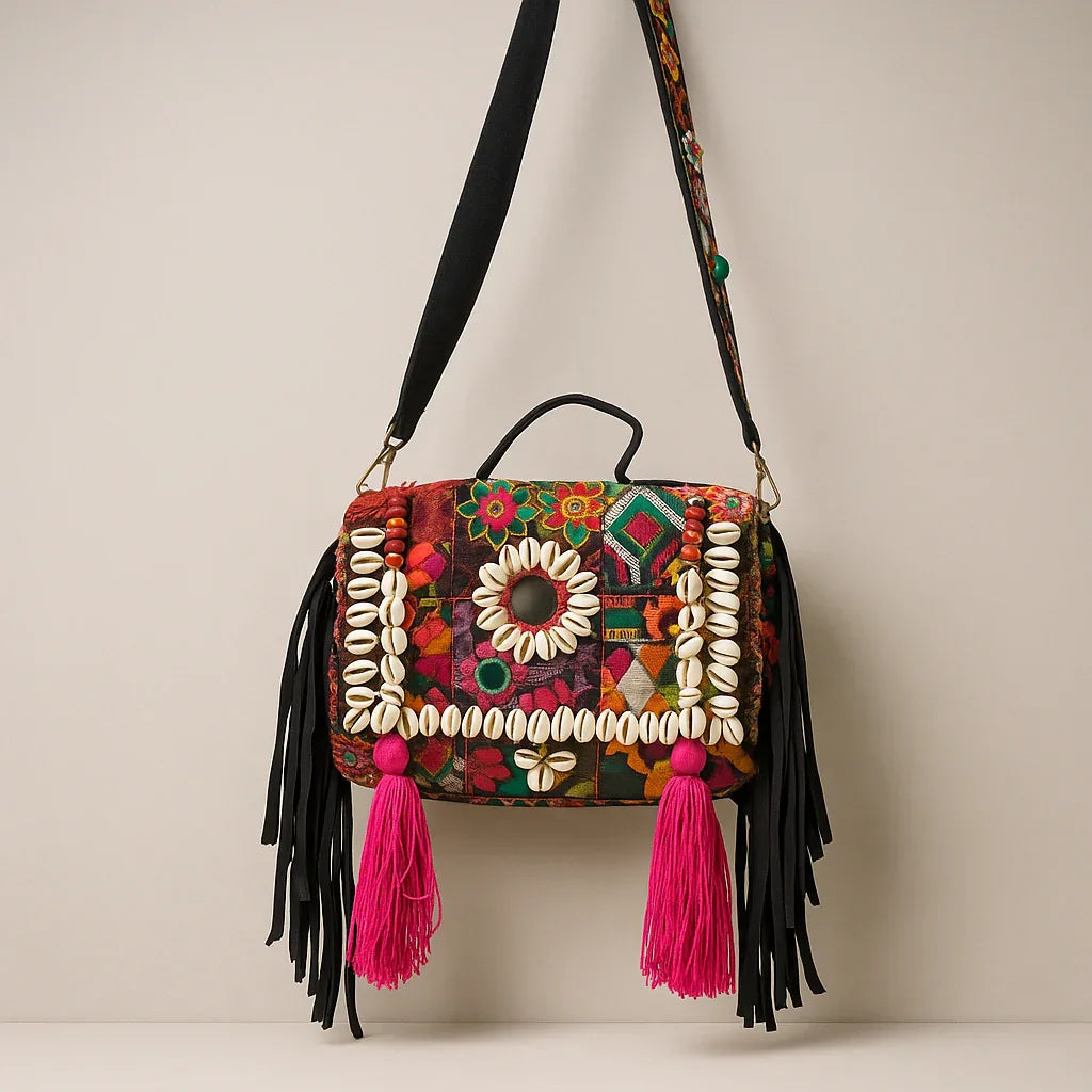 Colorful Banjara Boho Sling Bag with pink tassels and vibrant mirror and sequin embroidery.