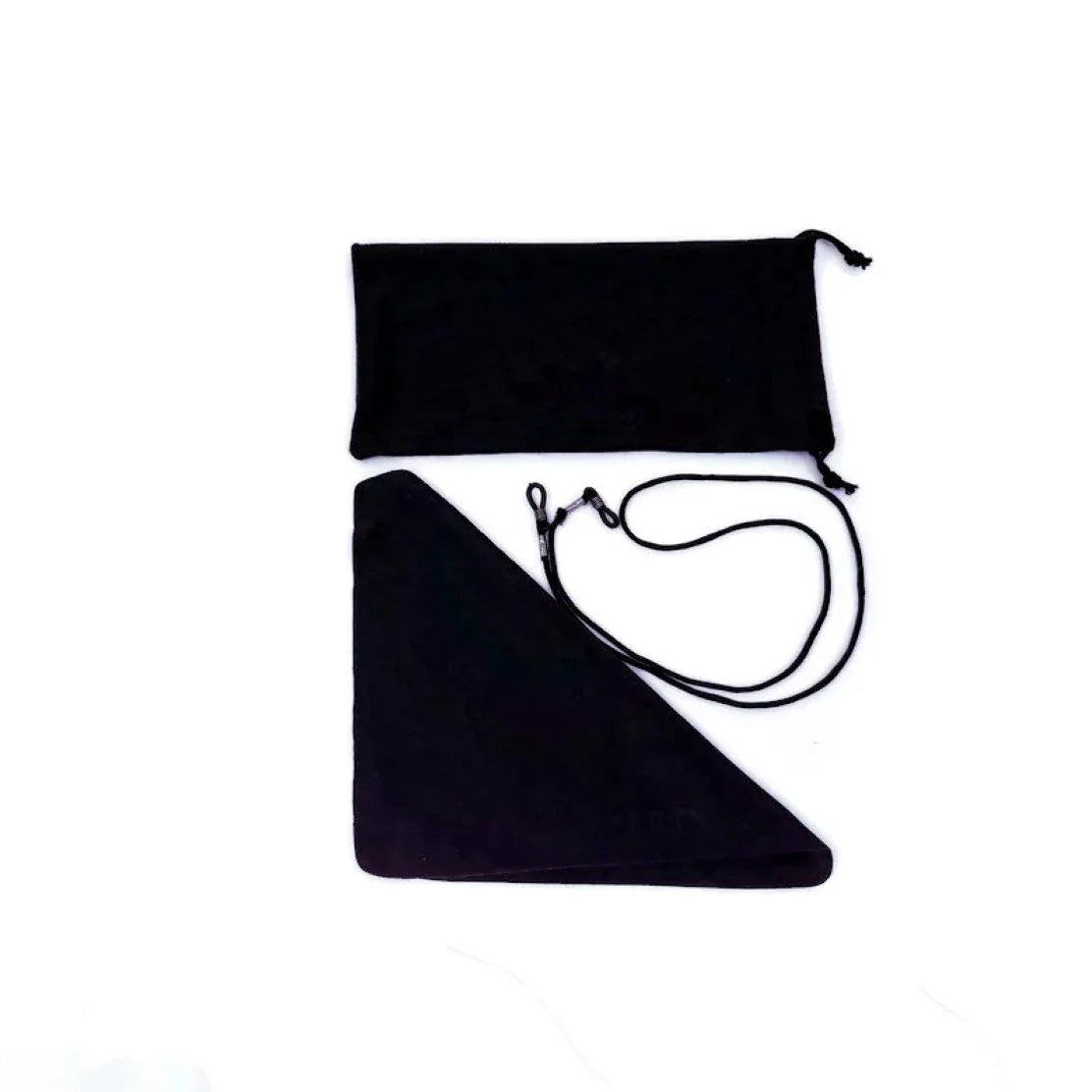 Cleaning kit components including microfiber cloth and pouch for bamboo tortoise sunglasses.