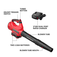 Leaf blower showcased from front angle displaying ergonomic handle and outlet nozzle.