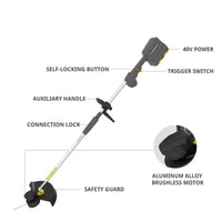 Close-up of brush cutter cutting head with safety guard and line feed mechanism