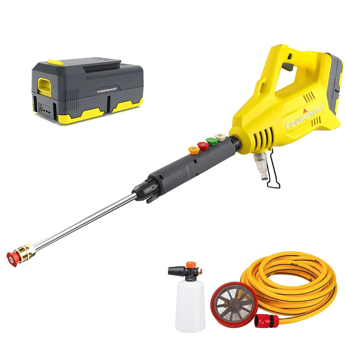 Cordless pressure washer with handle and battery pack on a white background.