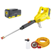 Cordless pressure washer with handle and battery pack on a white background.