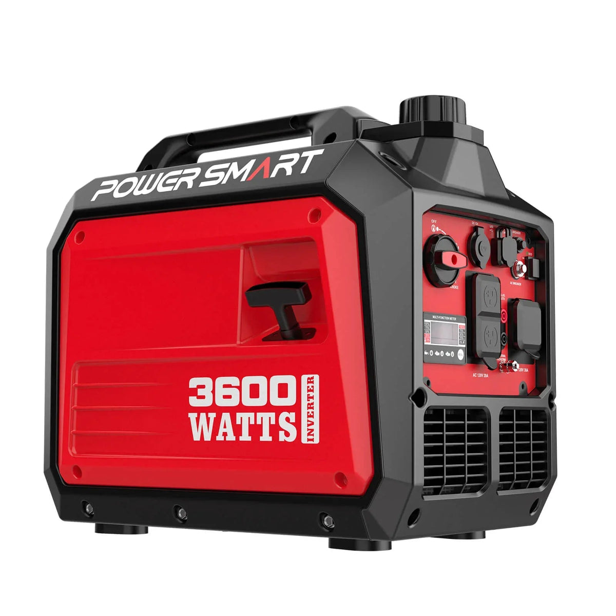 3600W inverter gas generator showing control panel and fuel tank, placed on concrete floor.