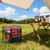 Top view of inverter generator displaying handle and exhaust outlet.