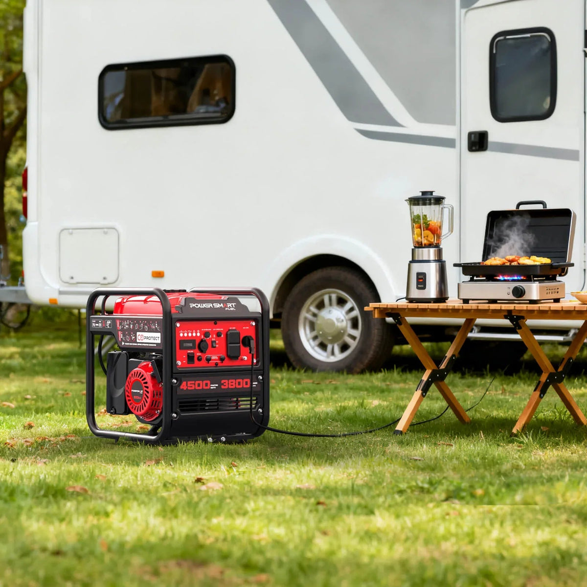 Generator close-up focused on smart panel with various control buttons and CO alarm.