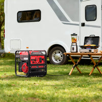 Generator close-up focused on smart panel with various control buttons and CO alarm.
