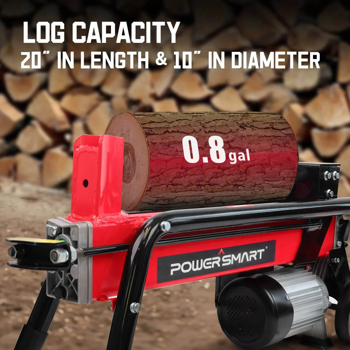 Electric log splitter in action splitting a thick log outdoors.