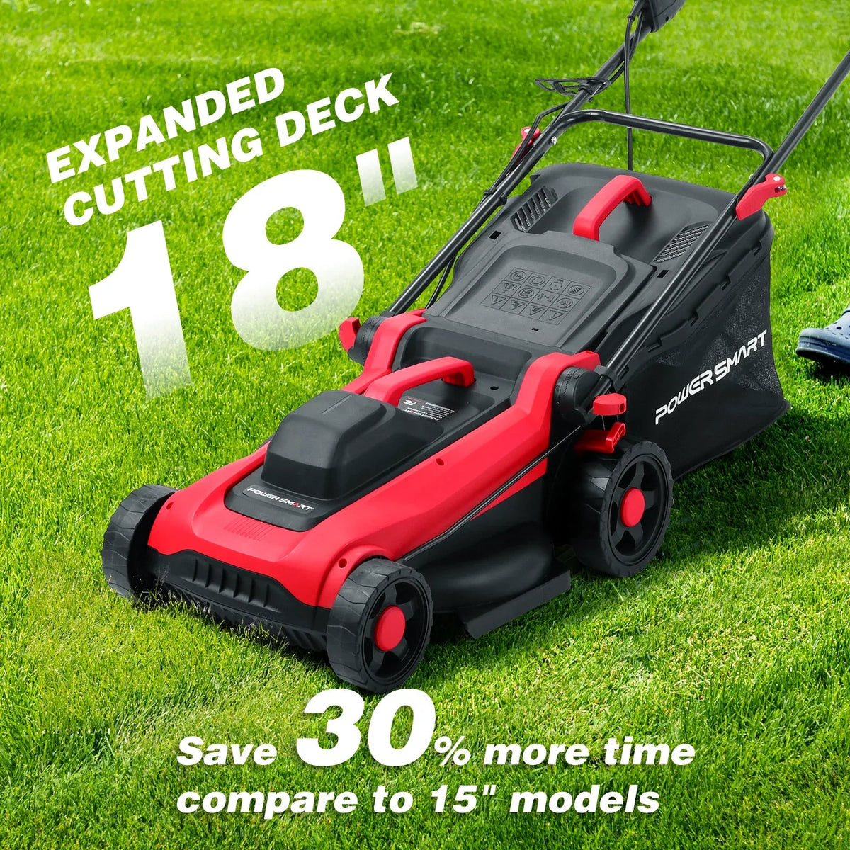 Electric lawn mower displayed on grass with power cord visible.