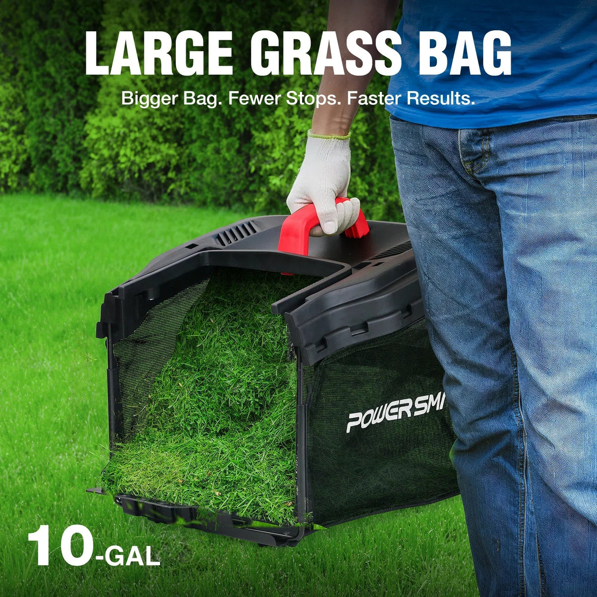 Rear view of the push lawn mower showing grass catcher attachment and handle.
