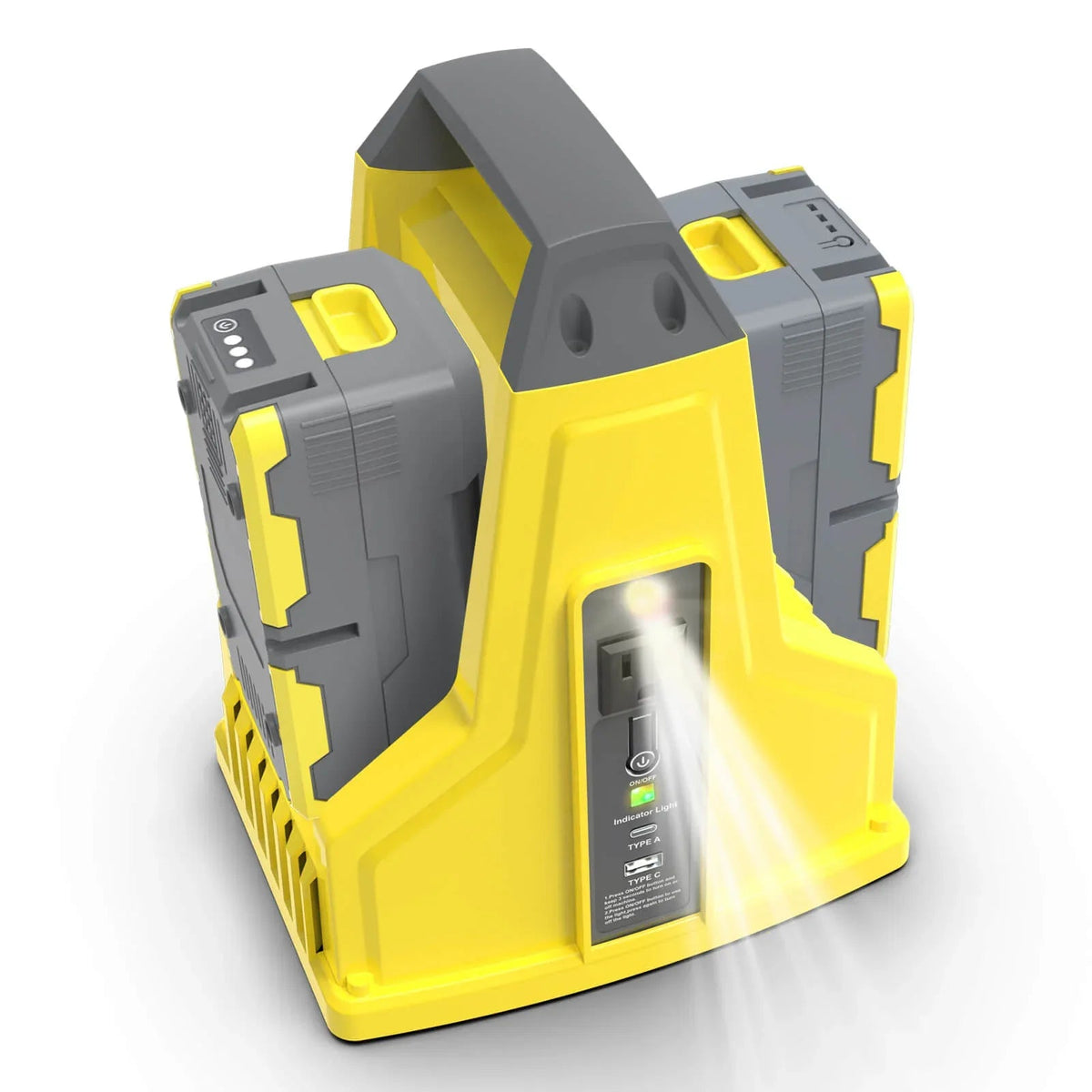 300W 40V power inverter with two 4.0Ah batteries and charger displayed on a neutral background.