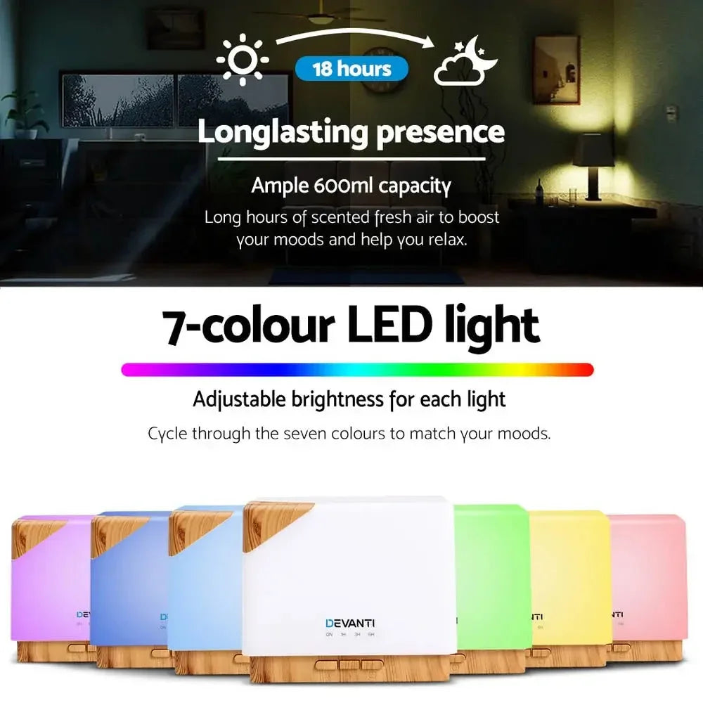 Top view of DEVANTi Aroma Diffuser with mist coming out and lit night light