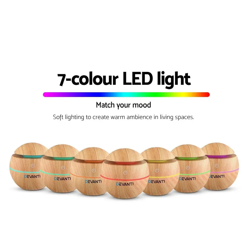 Diffuser displaying different LED light colors in a dimly lit room.