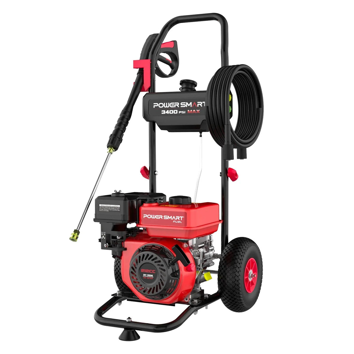 Gas pressure washer with red and black frame showing engine, wheels, and handle on white background.