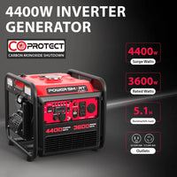 Close-up side view of portable inverter generator showing control panel and outlets