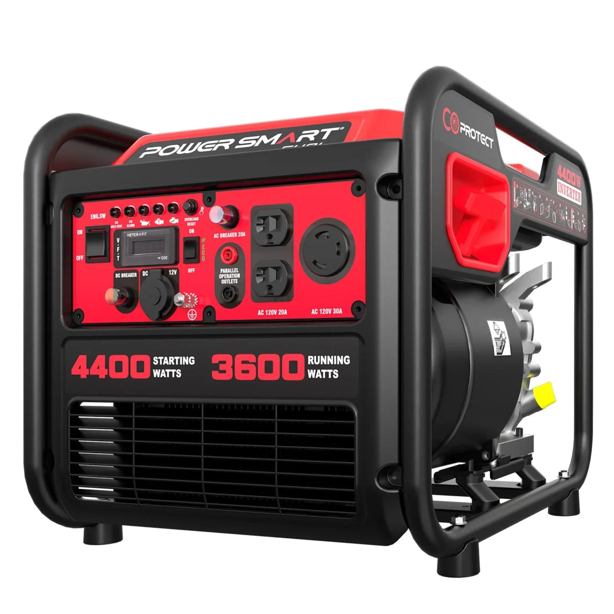 Side angle of inverter generator highlighting wheels and frame structure