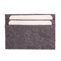 Dark grey coconut leather card holder partially open displaying inner pockets and card slots.