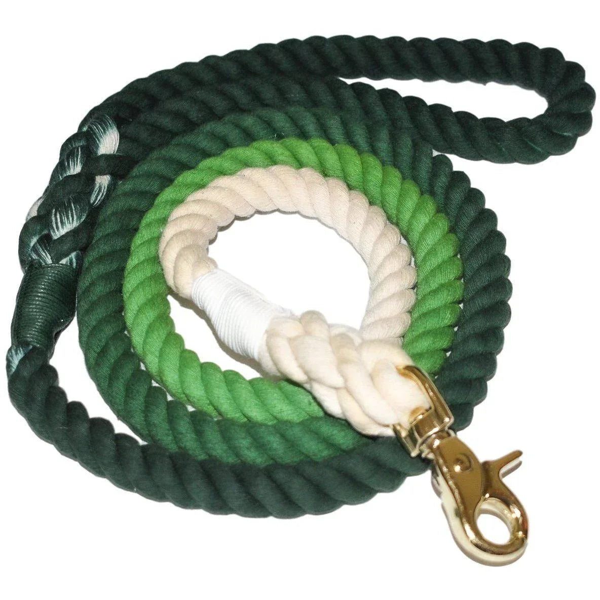 Hand-dyed ombre cotton rope dog leash with nickel hardware displayed on wooden surface.