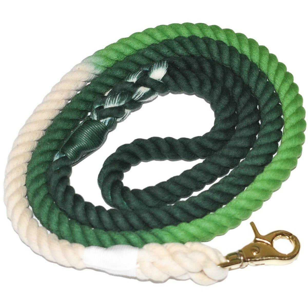 Close-up of soft, sturdy 5-foot cotton dog leash with gentle ombre color gradient and nickel clasp.
