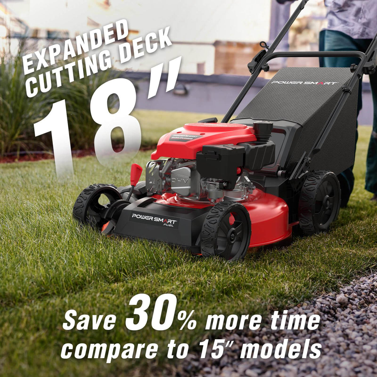 Push lawn mower positioned on grass, showcasing overall compact design