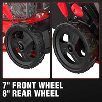 Front angle of gas lawn mower showing 7-inch front wheels and durable cutting deck
